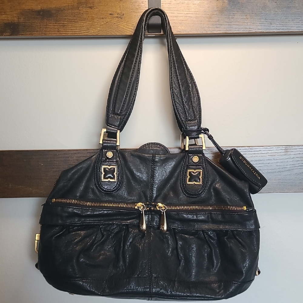 BCBGMaxAzria Black Satchel with Gold Accents Leather Vintage Y2K Old Money LUX